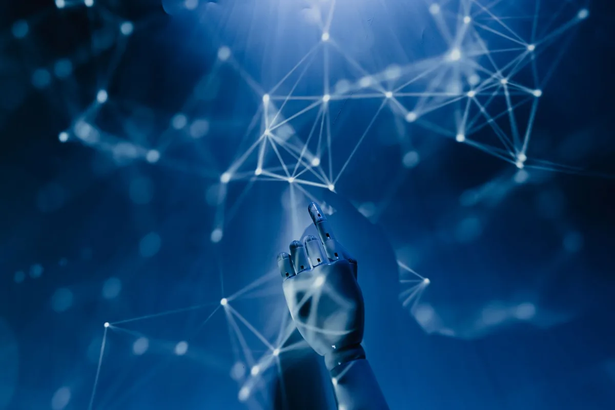 Abstract glowing digital network on a blue background, representing AI text-to-video generation technology