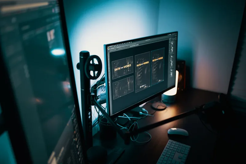 Professional home office with dual monitors, keyboard, and subtle dark ambient lighting