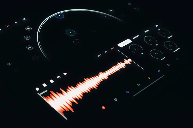 Digital audio mixer touchscreen showing sound wave and control elements, representing Descript’s Studio Sound audio enhancement feature