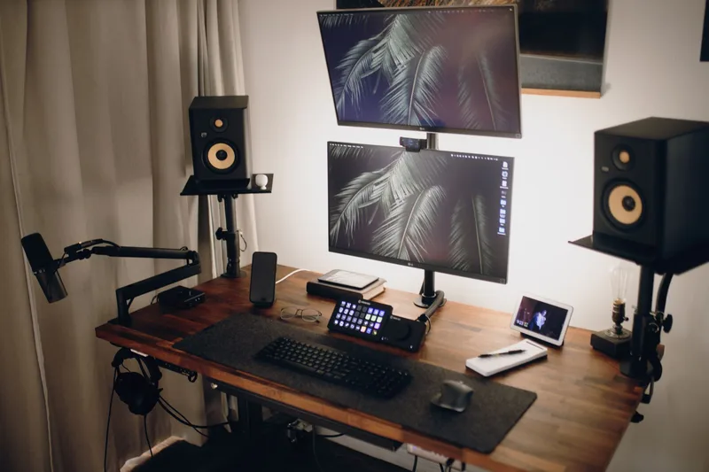 Faceless content creator with headphones working at a dual-monitor desk in a dim home studio