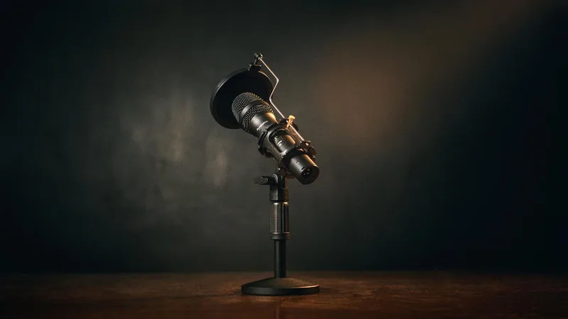 Abstract microphone on a desk beside a laptop showing an upward-trending analytics chart — no people, dark background with teal data lines