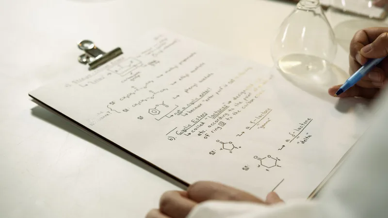 A close-up view of handwritten chemical formulas on a clipboard in a lab setting