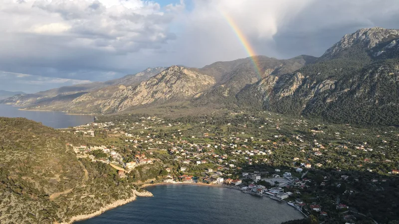 Aerial view of Greek coastline with dramatic landscape for travel stock footage