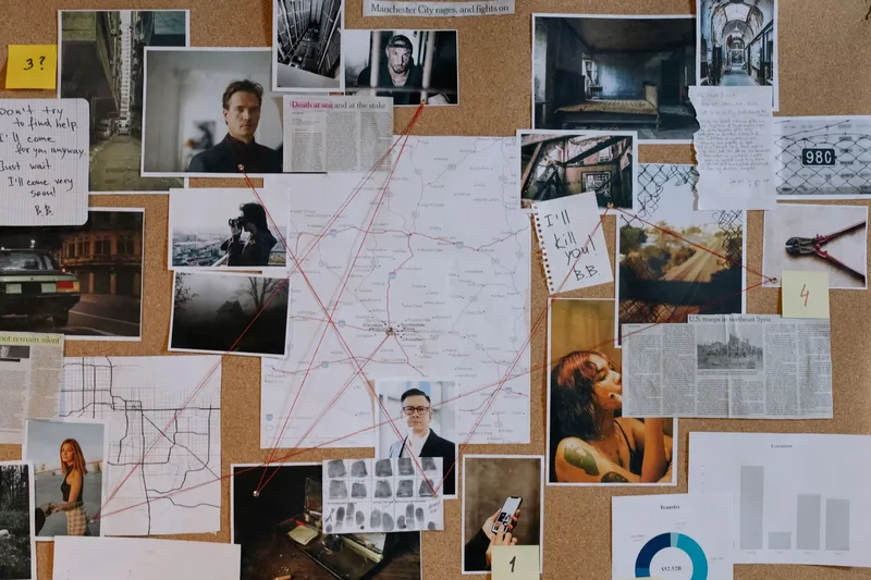Dark crime investigation board with documents, photographs and connecting threads for case research