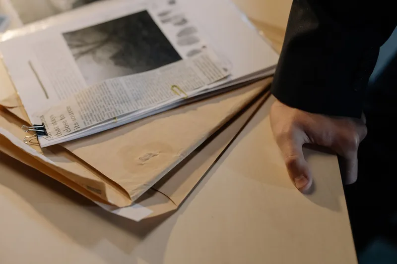 Research documents and crime case files spread on a dark desk for true crime content preparation