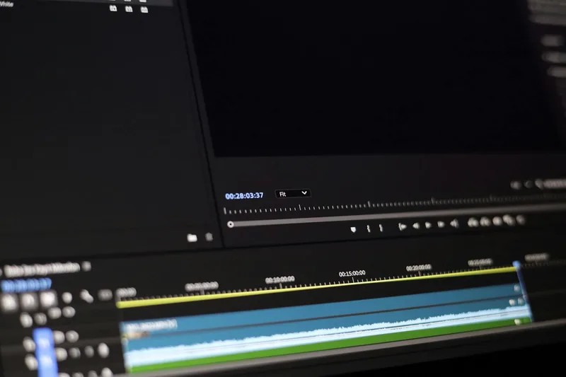 Close-up of video editing software timeline showing cuts and audio tracks representing the faceless video editing workflow