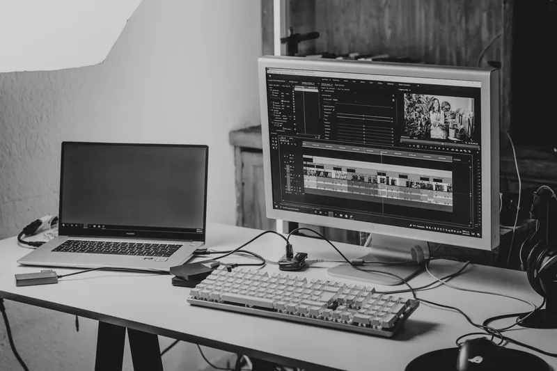 Laptop and computer monitor showing video editing software on a desk