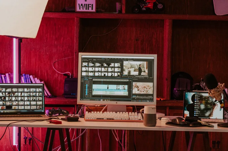 Professional video editing workspace with monitors and keyboard representing channel management workflow