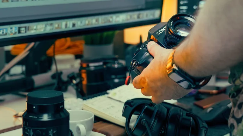 Creative workspace with monitors and headphones representing a content creator production environment