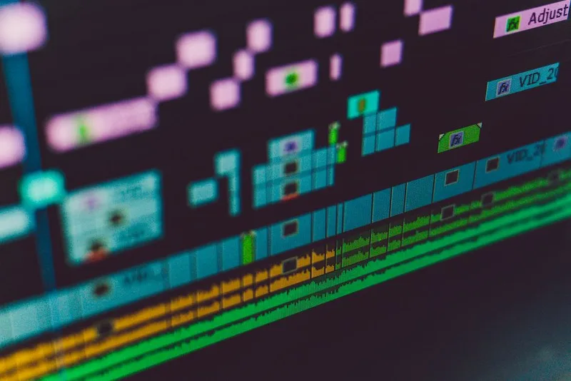 Video editing software timeline with colorful clip markers