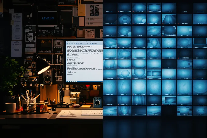 Visual comparison of high-variation faceless content (an original, hand-built workspace) versus low-variation template content (a wall of near-identical mass-produced screens)
