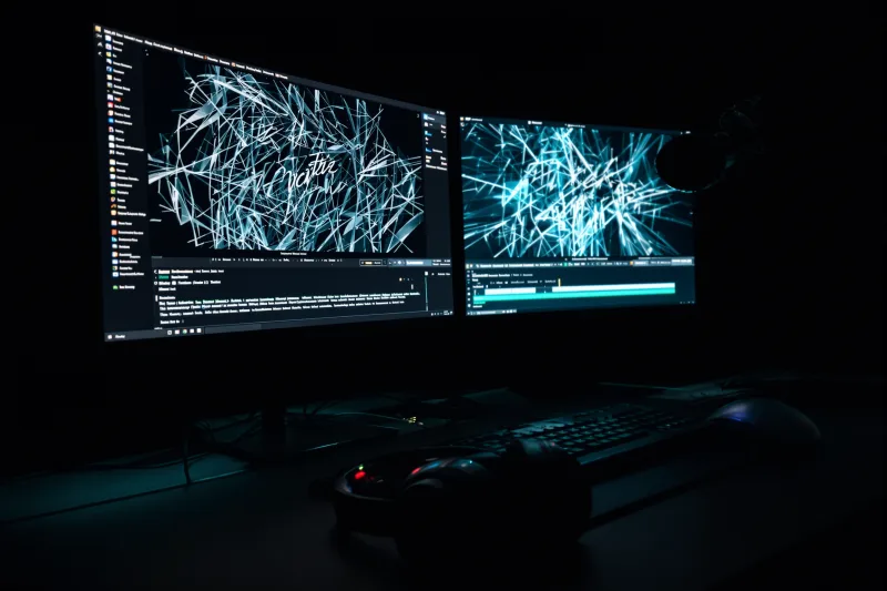 Faceless YouTube creator workflow: script drafting, voiceover recording, video editing on screens, no face visible